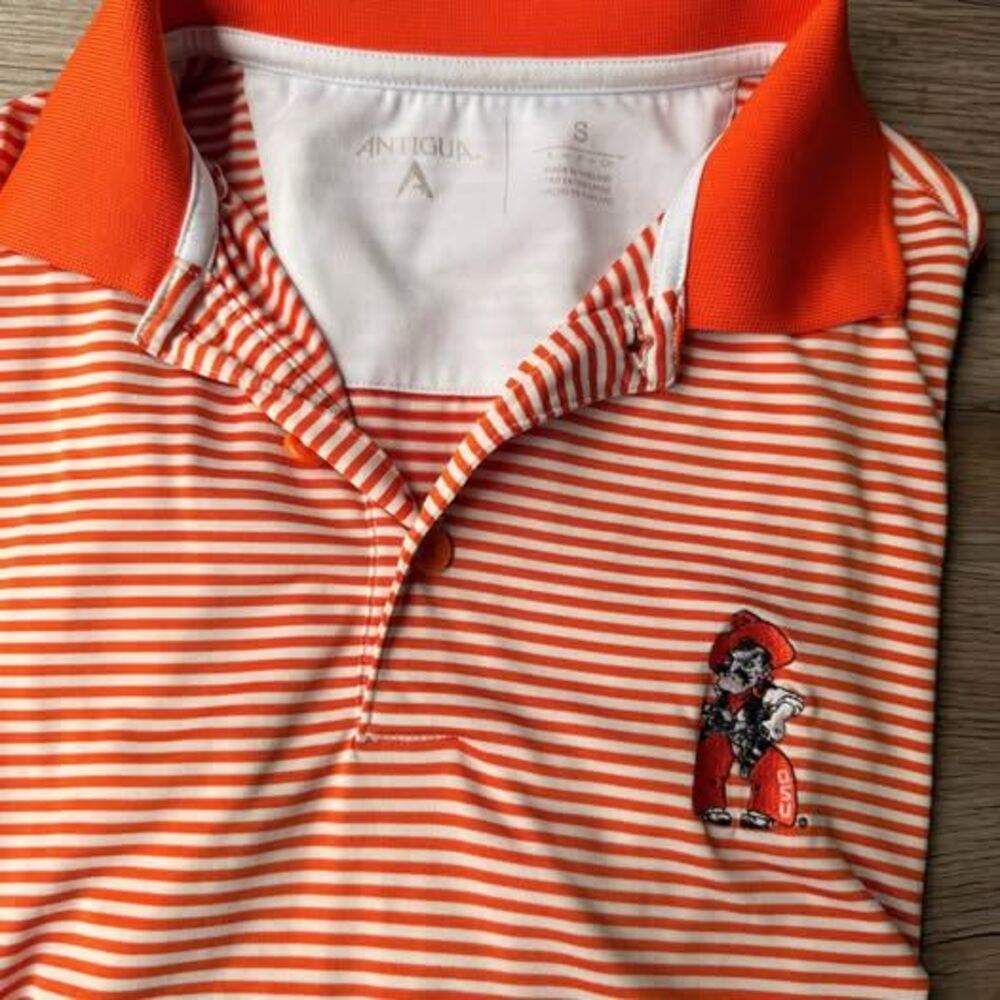 Antigua OSU Oklahoma State golf polo orange white stripe pistol Pete Antigua